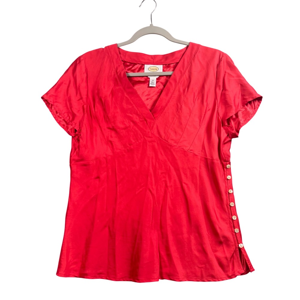 Talbots Silk Blouse Womens 14 Red V-Neck Side Button Career‎ Quiet Luxury